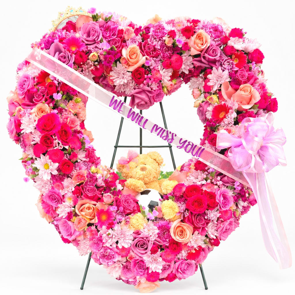 Heart-shaped floral wreath with pink roses and a ribbon message