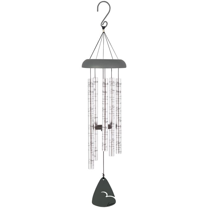 Hanging metal wind chime with clear tubes and a dark top and clapper
