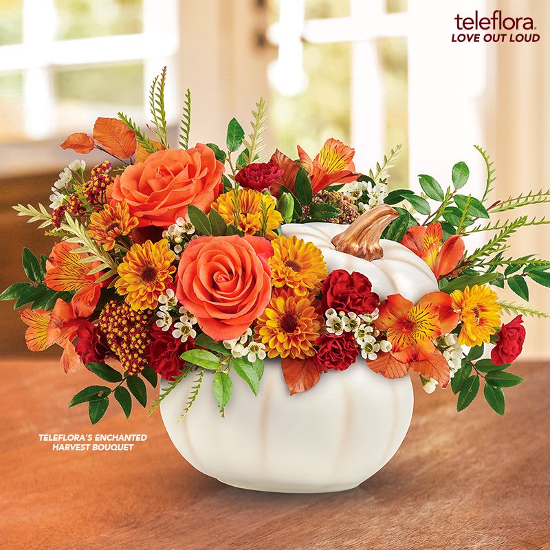 Pumpkin Power by BloomNation™ - Combine your Flower Power with Pumpkin Power with this wonderful, dare we say “powerful,” seasonal arrangement. Housed in a ceramic pumpkin vase, you will surely “fall” in love with this collection of fall flowers this fall.