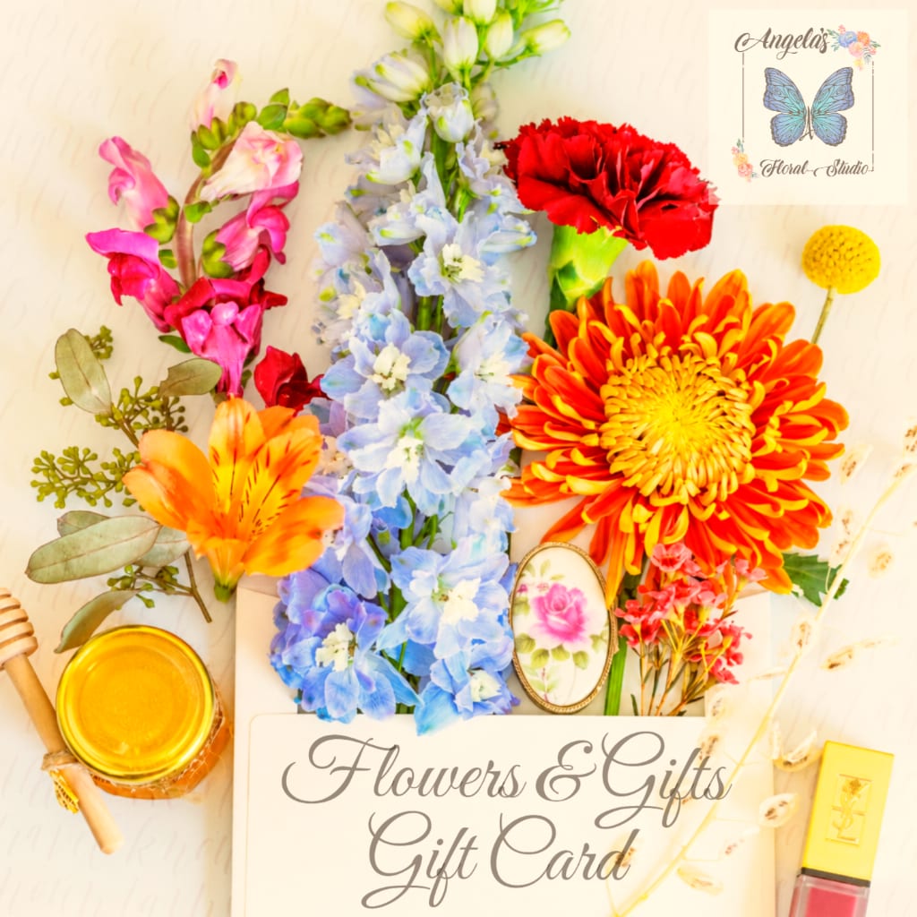 Gift card design with colorful flowers and the text "Flowers &amp; Gifts Gift Card"