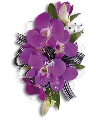 Purple orchid corsage with ribbon and bead accents
