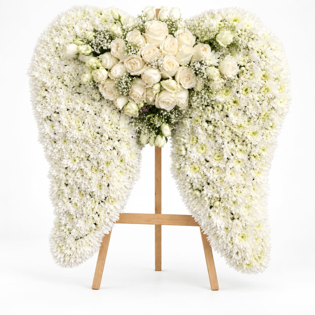 White floral funeral spray on a wooden easel