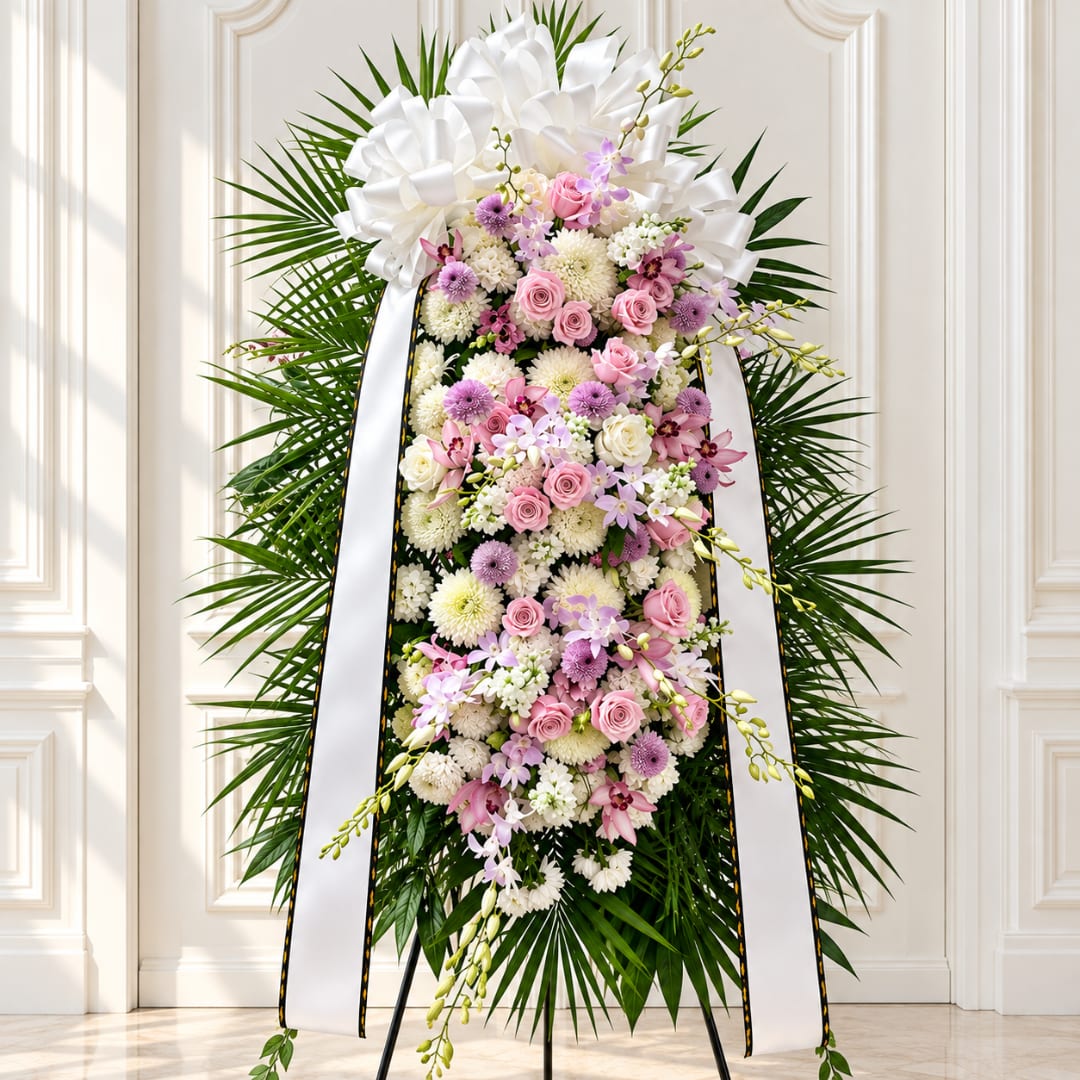 Standing floral spray with pink and white flowers on a white ribboned easel