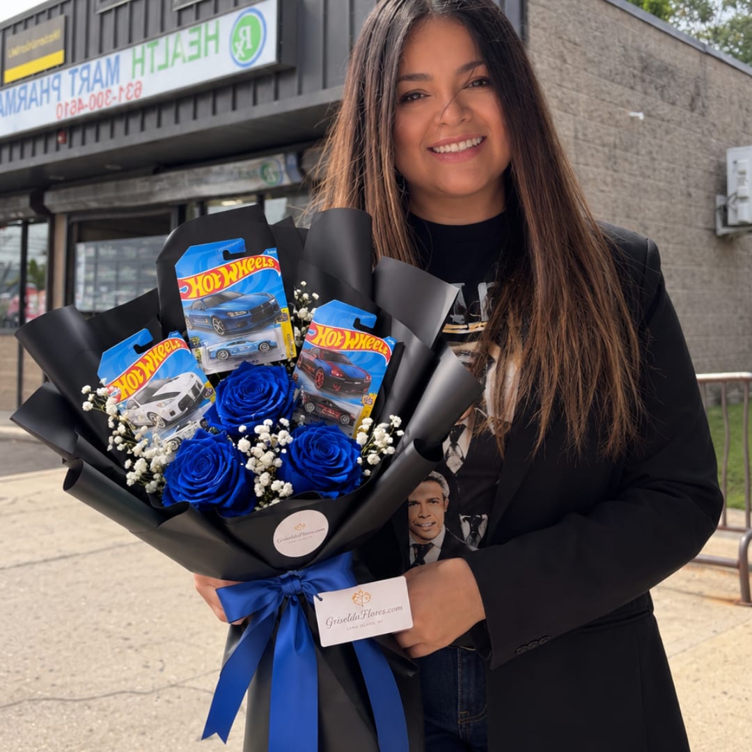Woman holding a bouquet of blue roses and Hot Wheels packages