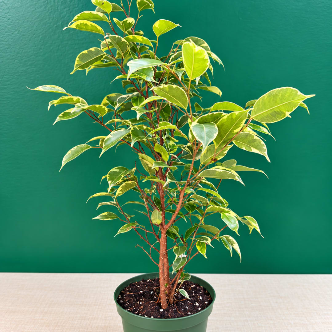 Potted variegated ficus plant with green and cream leaves