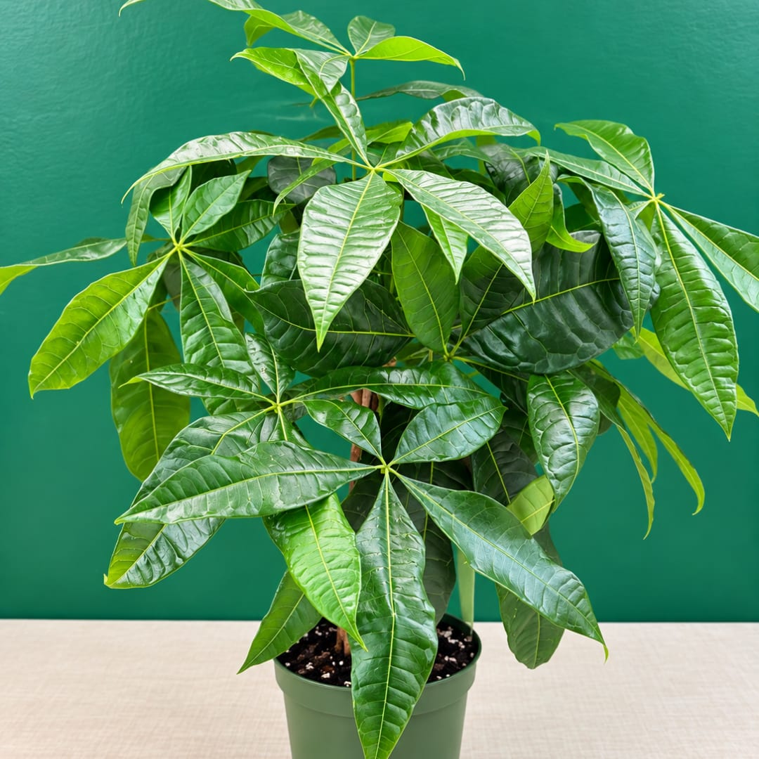 Potted green houseplant with glossy, elongated leaves