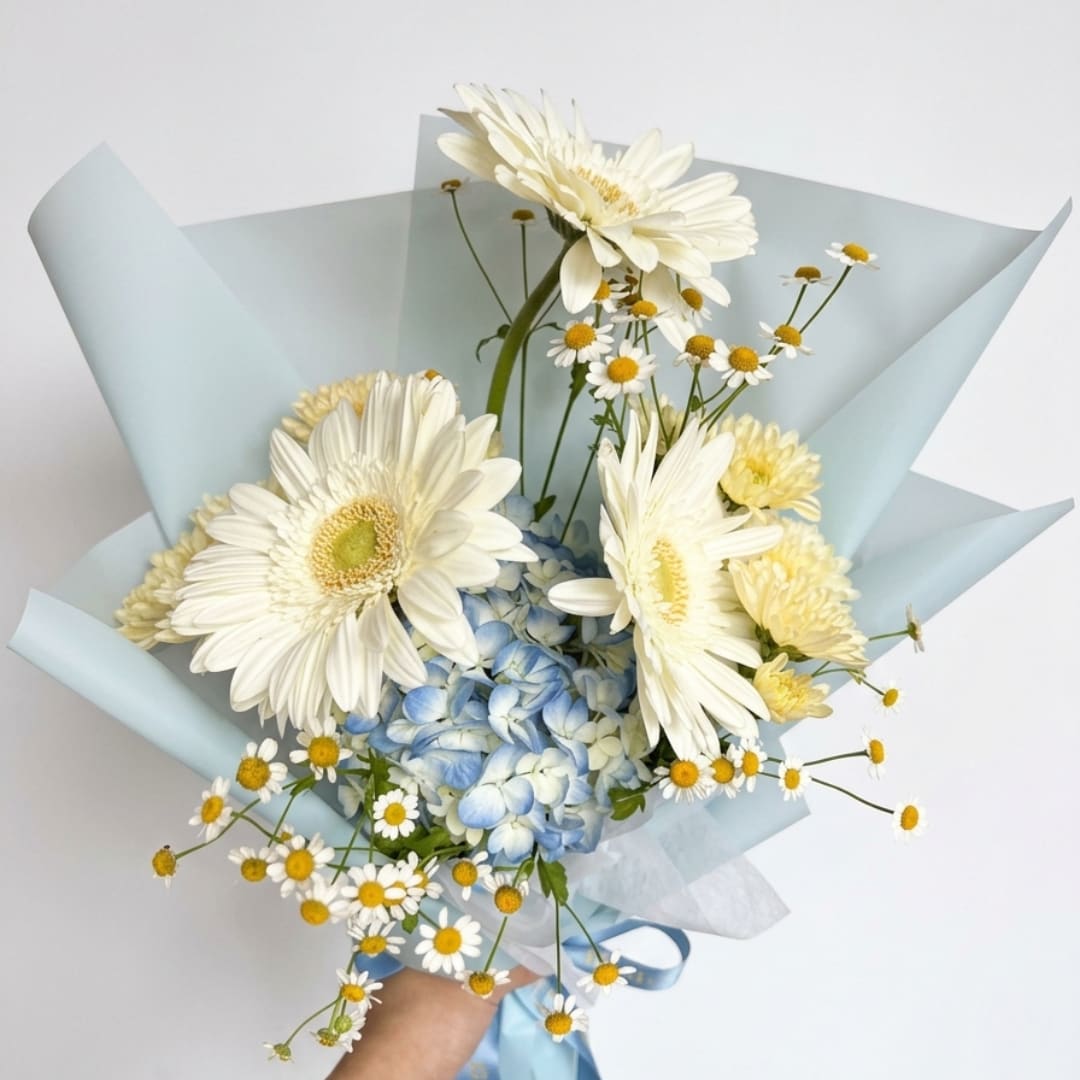 Bouquet of white gerbera daisies, blue hydrangea, and small daisy flowers wrapped in pale blue paper