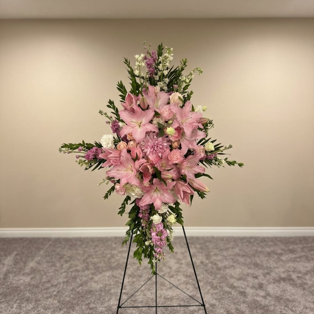 Pink lilies and mixed flowers arranged on a standing easel