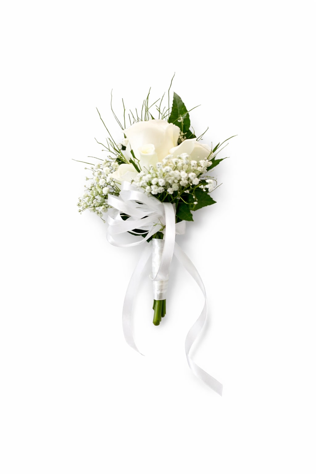 White calla lily bouquet with baby's breath and a white ribbon