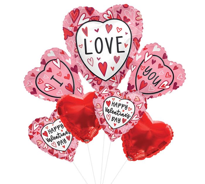 I LOVE YOU Hearts Balloon Bouquet - Includes a bundle of 7 balloons tied together. 