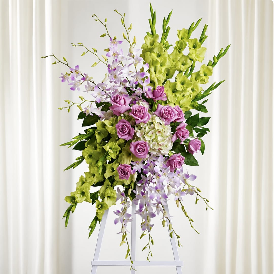 Tall floral spray with purple roses, lavender orchids, and lime-green blooms on an easel