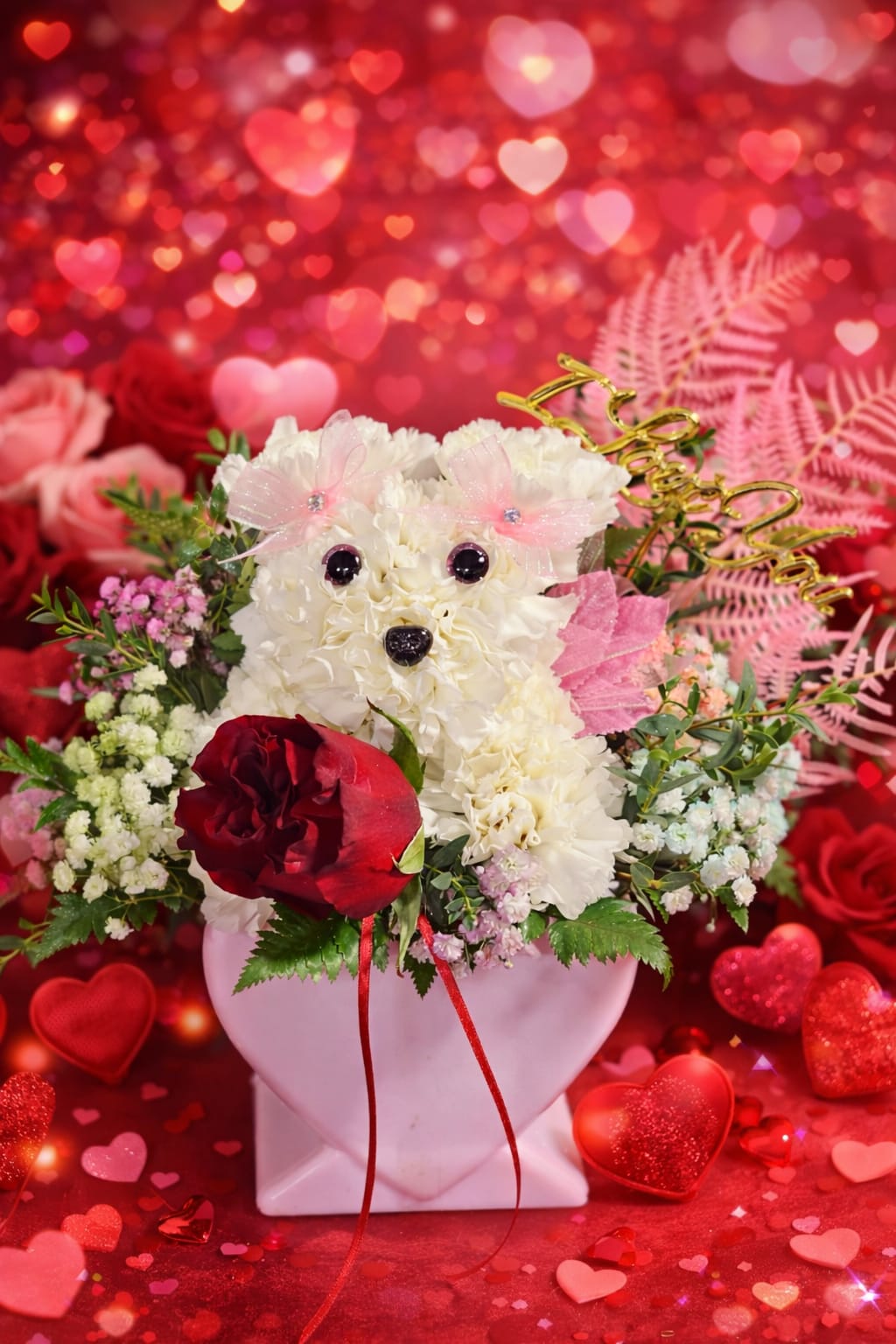 Heart-themed flower arrangement with a teddy bear face and red rose