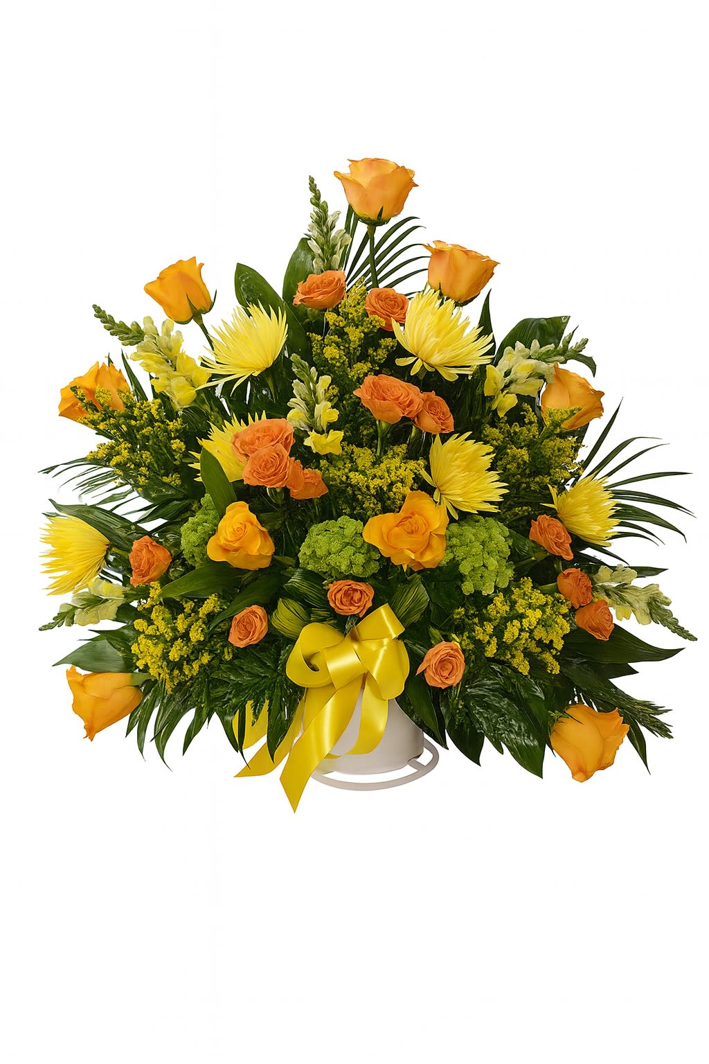 Yellow and orange rose bouquet with a ribbon in a white container