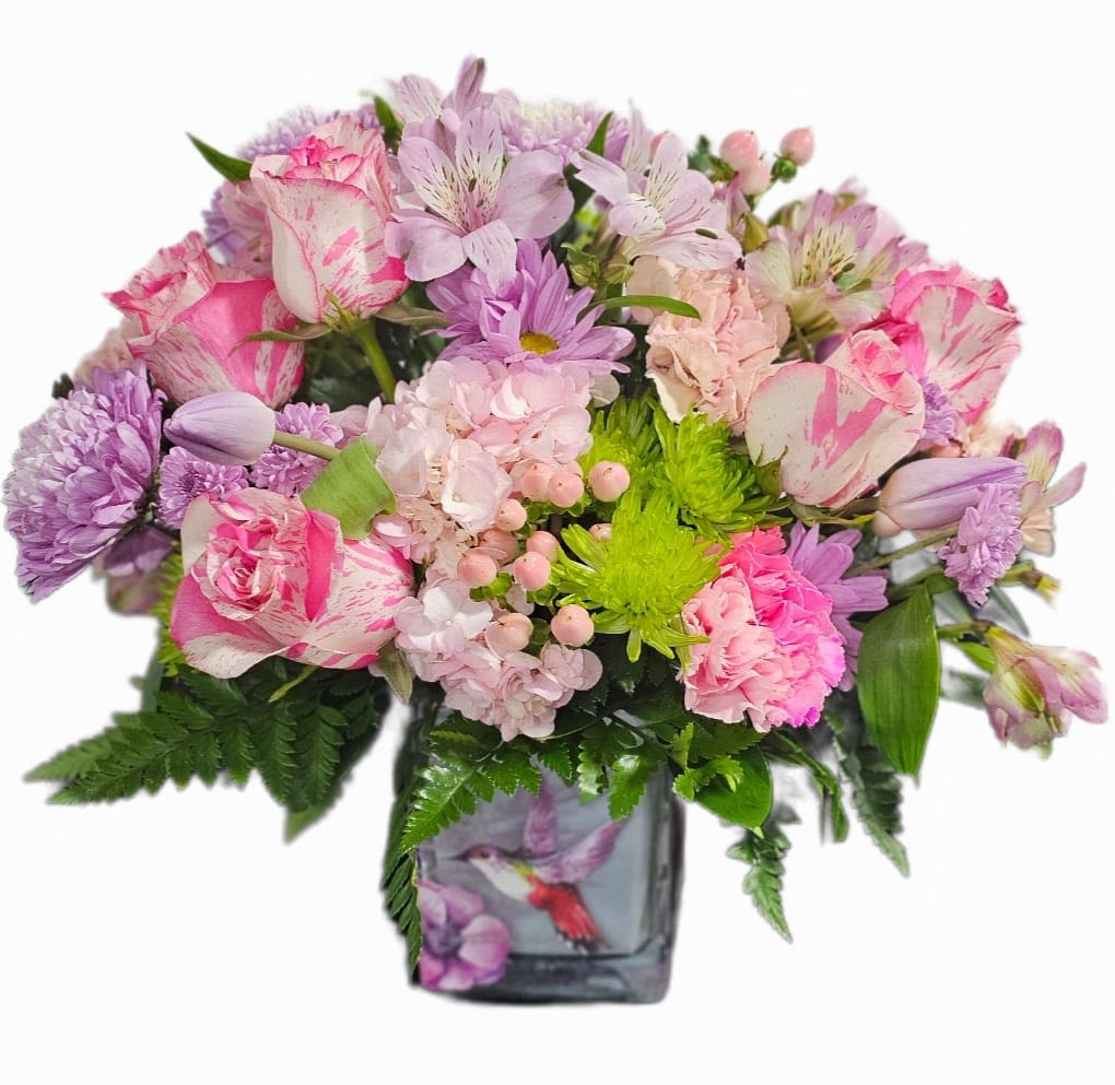 Pink and lavender mixed bouquet in a glass vase