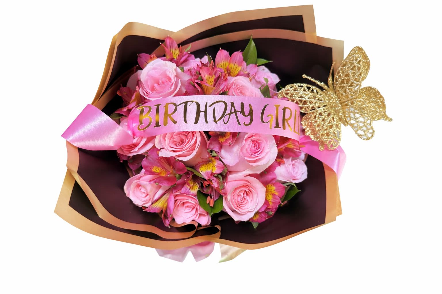 Birthday Girl Dozen Pink Roses with Alstroemeria - Celebrate her special day with our stunning Birthday Girl Dozen Roses Bouquet. This elegant arrangement features twelve fresh, premium pink roses beautifully paired with vibrant alstroemeria, creating a soft and romantic look she’ll love.  Wrapped in a luxurious black and gold sleeve and finished with a charming “Birthday Girl” ribbon and decorative butterfly accent, this bouquet is designed to make her feel truly special. Perfect for birthdays, surprises, or simply showing how much you care.  Includes:  12 premium pink roses Fresh pink alstroemeria accents Decorative birthday ribbon &amp; butterfly Elegant gift wrapping  Make her birthday unforgettable with this beautiful and thoughtful floral gift.