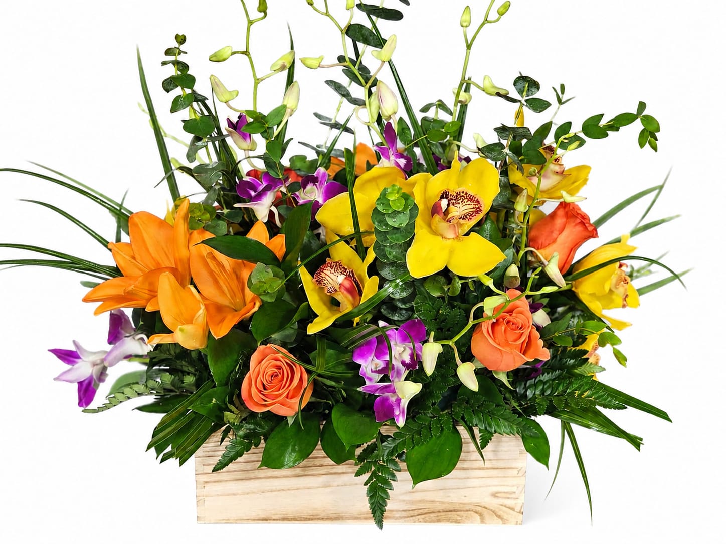 ITEM OF THE WEEK -  Item of the Week   Bring bold beauty and tropical elegance into any space with this stunning handcrafted arrangement featuring vibrant yellow cymbidium orchids, orange lilies, peach roses, and delicate purple orchids accented with lush greenery in a rustic wooden box. Designed to impress, this modern floral centerpiece is perfect for celebrations, gifting, or simply brightening someone’s day. Limited weekly feature — available while supplies last!