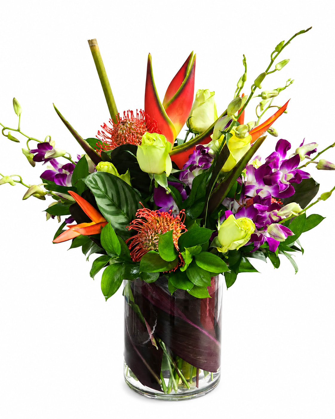 Tropical bouquet with purple orchids and red-orange heliconia in a glass vase