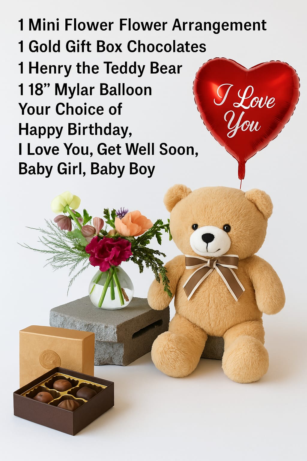 Gift set with a mini flower arrangement, teddy bear, chocolates, and heart balloon