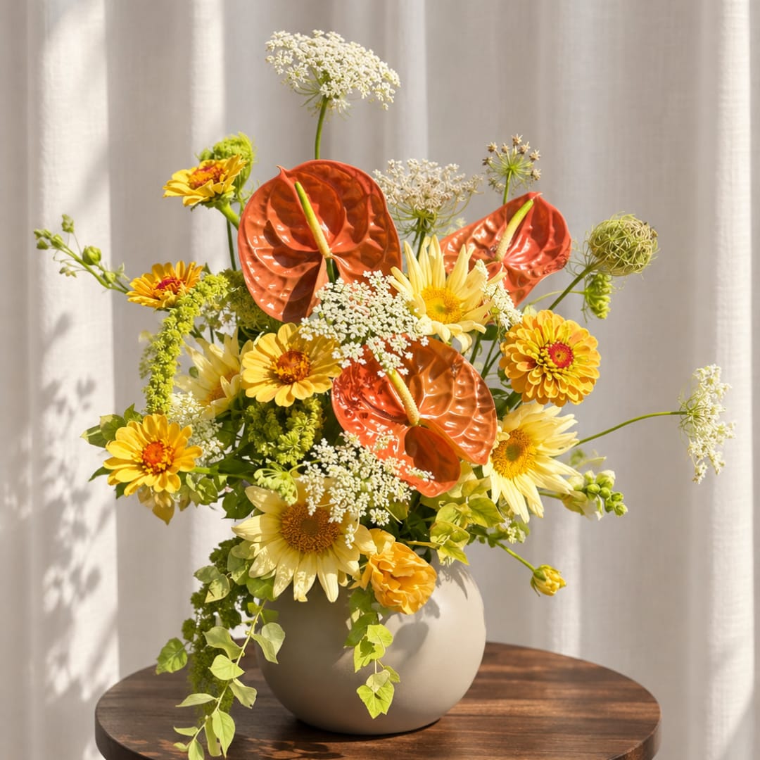 Yellow flowers with orange anthuriums in a round vase