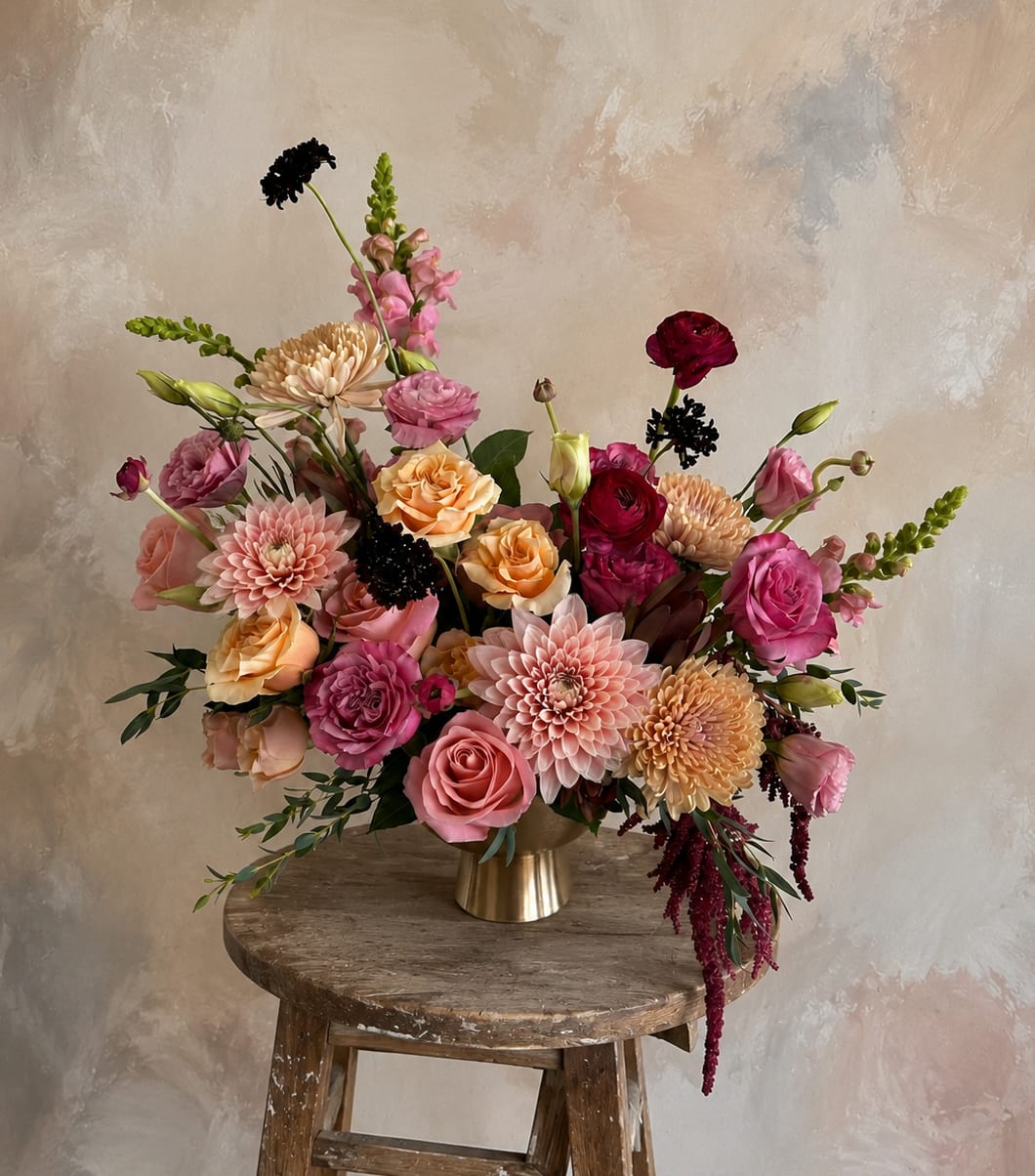 Mixed pink and peach floral arrangement in a gold vase