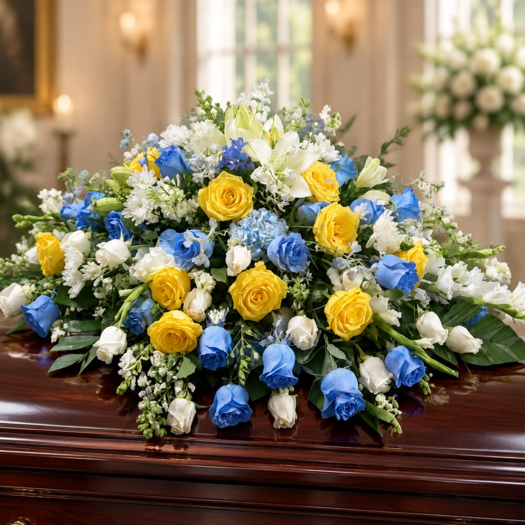 Blue, yellow, and white floral spray on a polished casket
