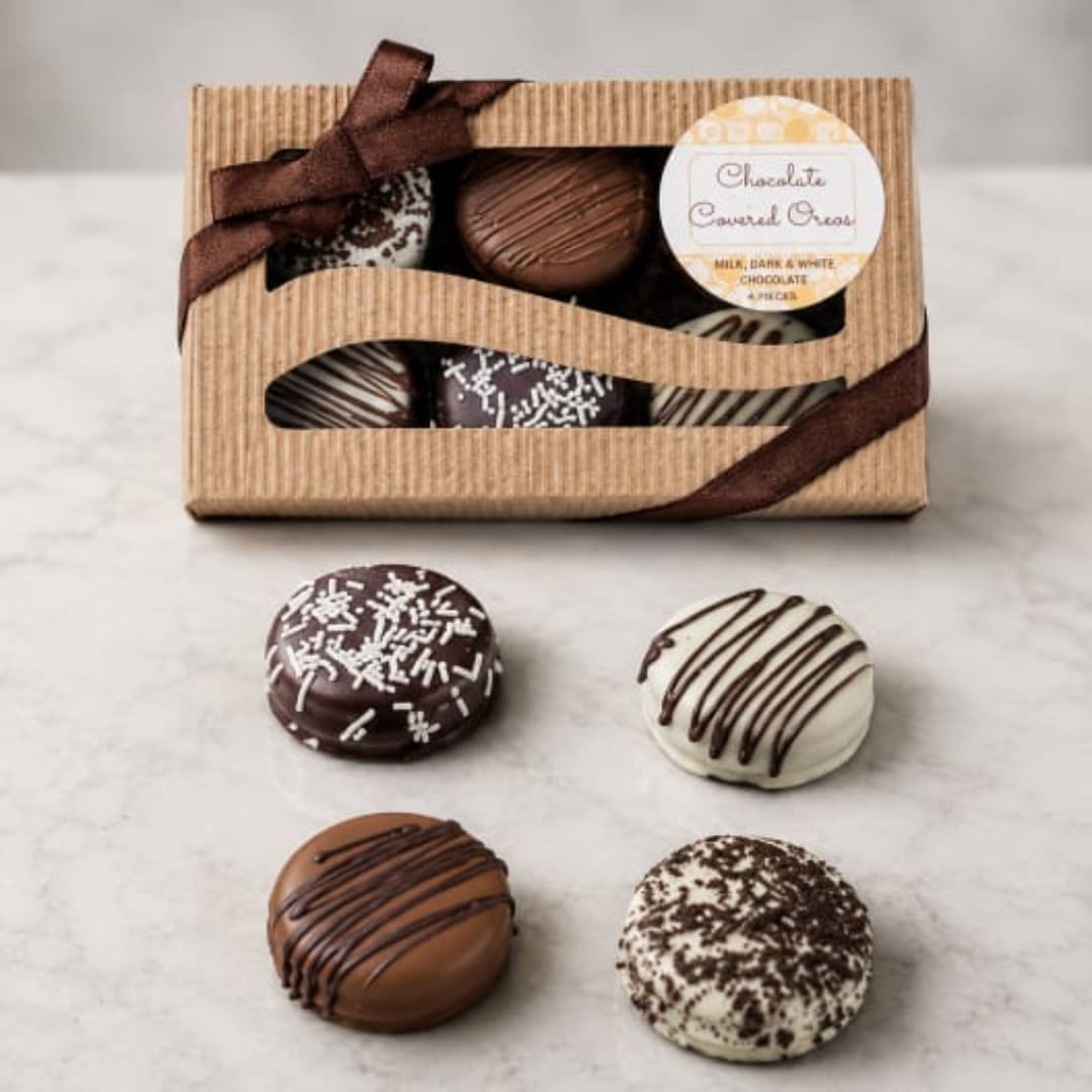 Box of assorted chocolate-covered sandwich cookies with ribbon