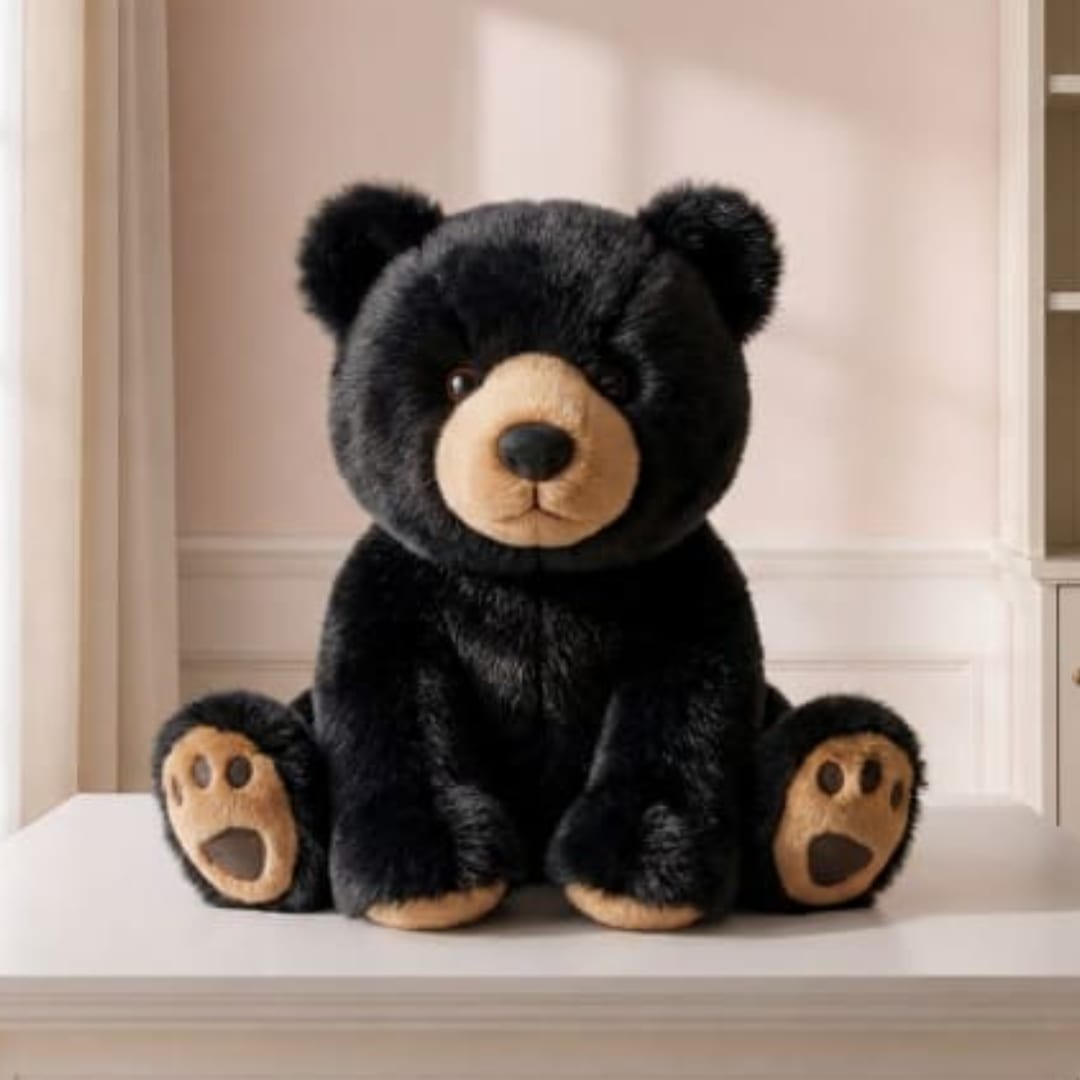 Black teddy bear plush sitting on a white surface