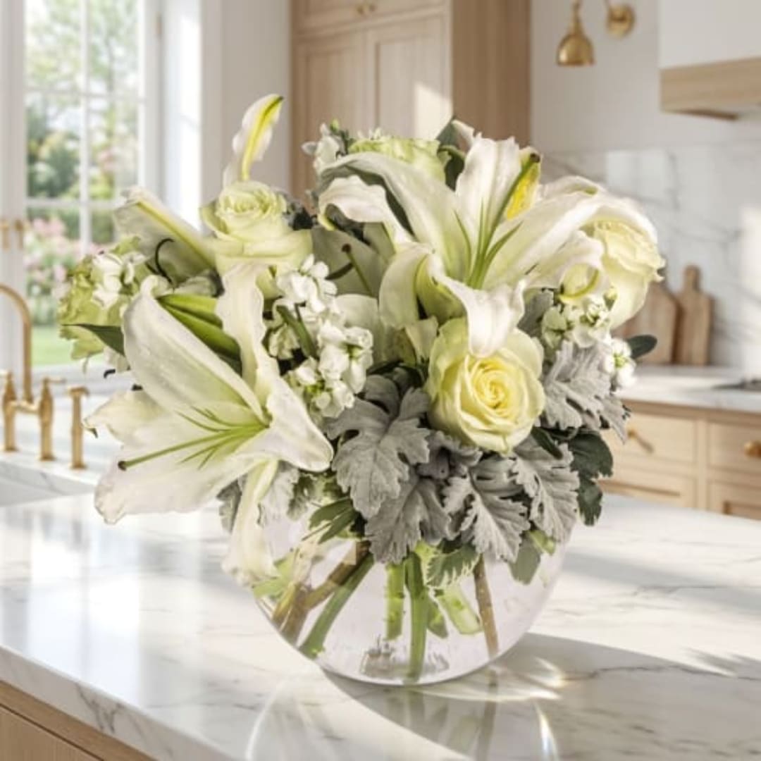 White lilies and pale roses arranged in a clear glass vase
