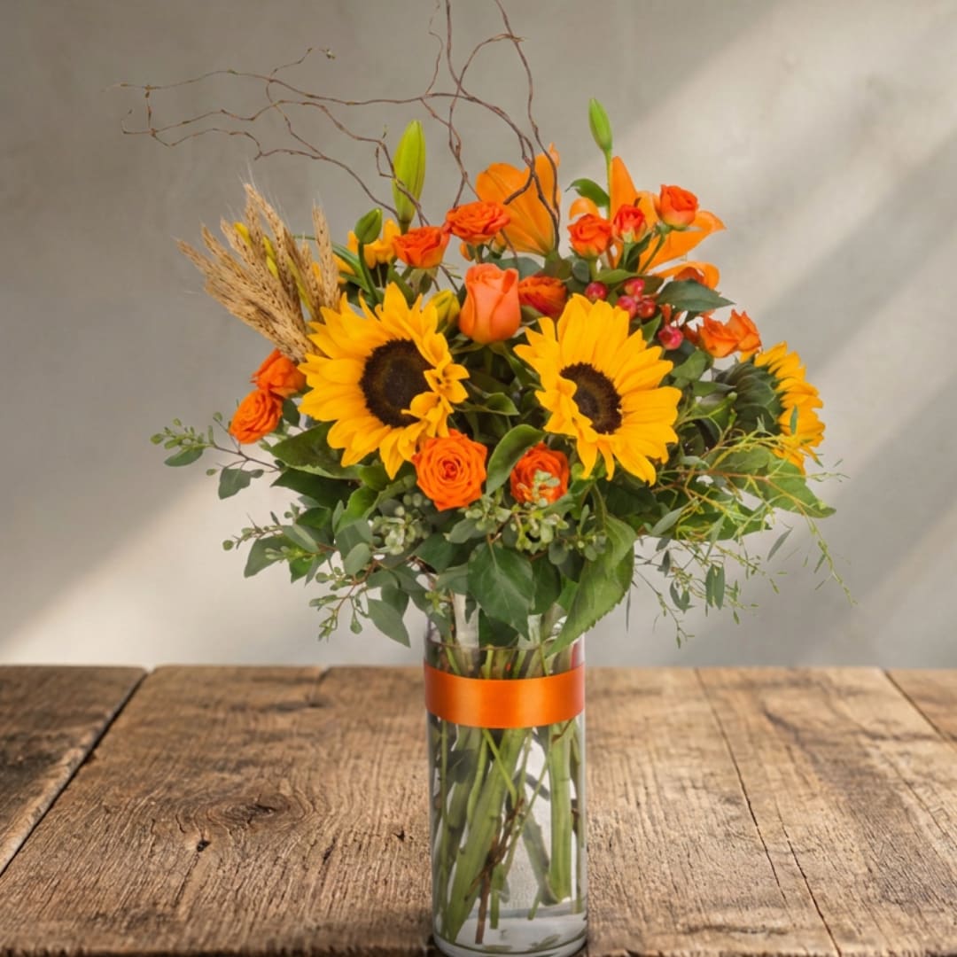 Sunflower and orange rose bouquet in a clear glass vase