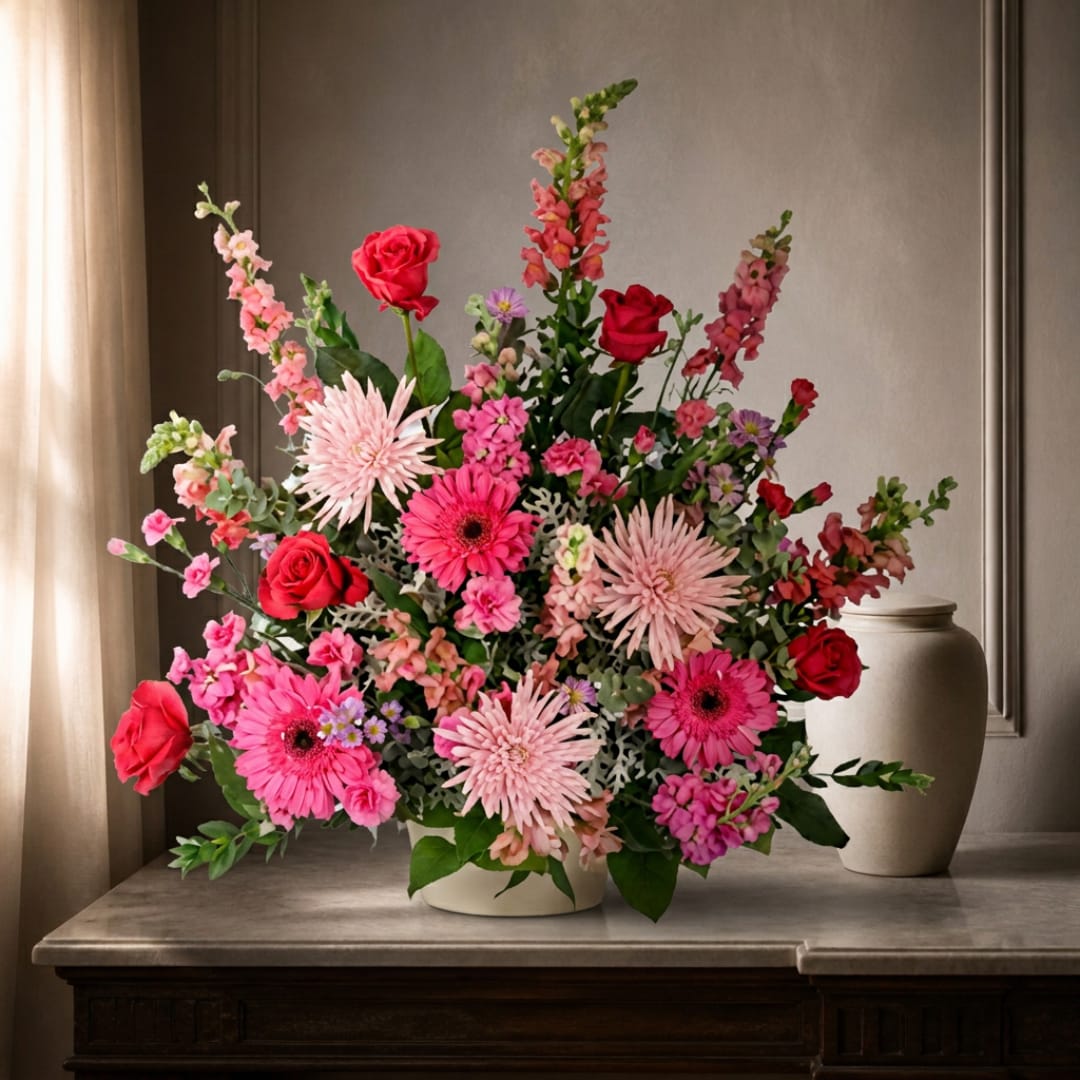 Pink and red mixed flower arrangement in a white vase on a table