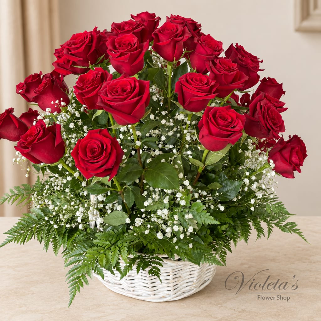 Red roses arranged in a white basket with baby's breath