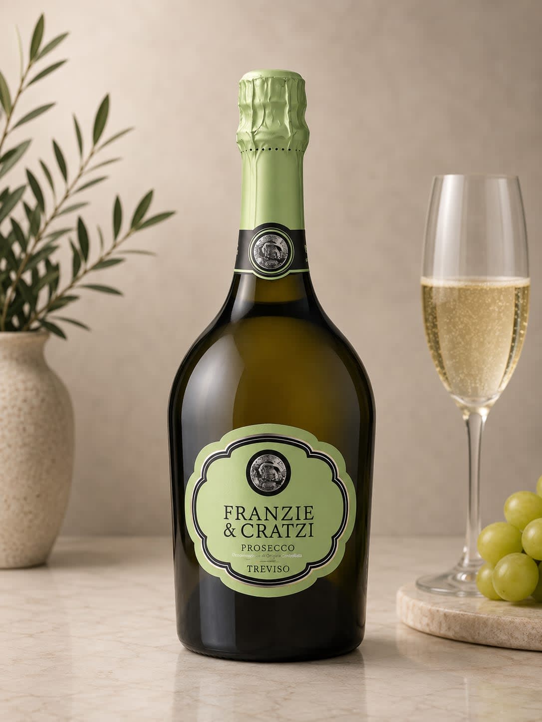 Bottle of prosecco beside a filled champagne flute and grapes