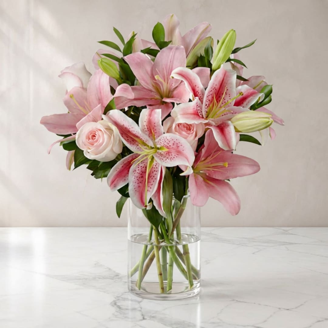 Pink lilies and roses arranged in a clear glass vase