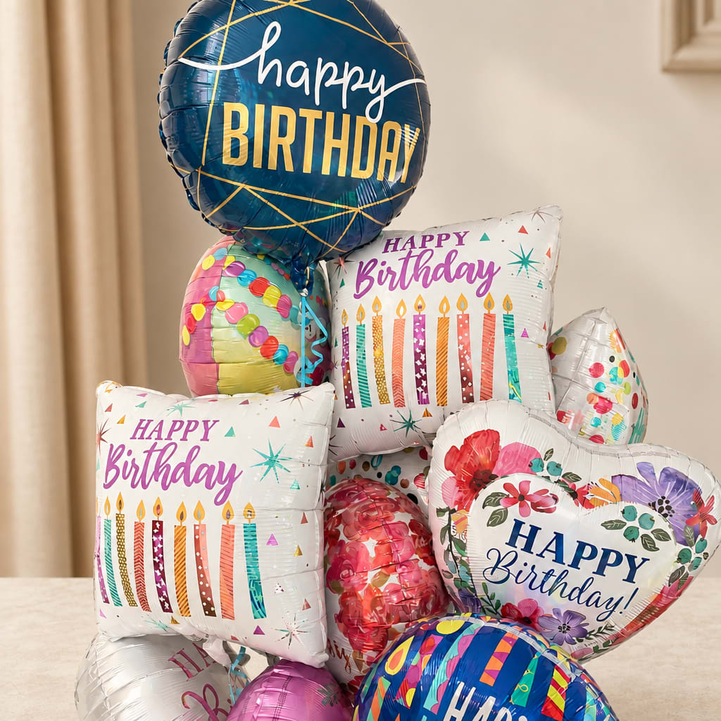 Cluster of colorful birthday balloons with printed messages and candles