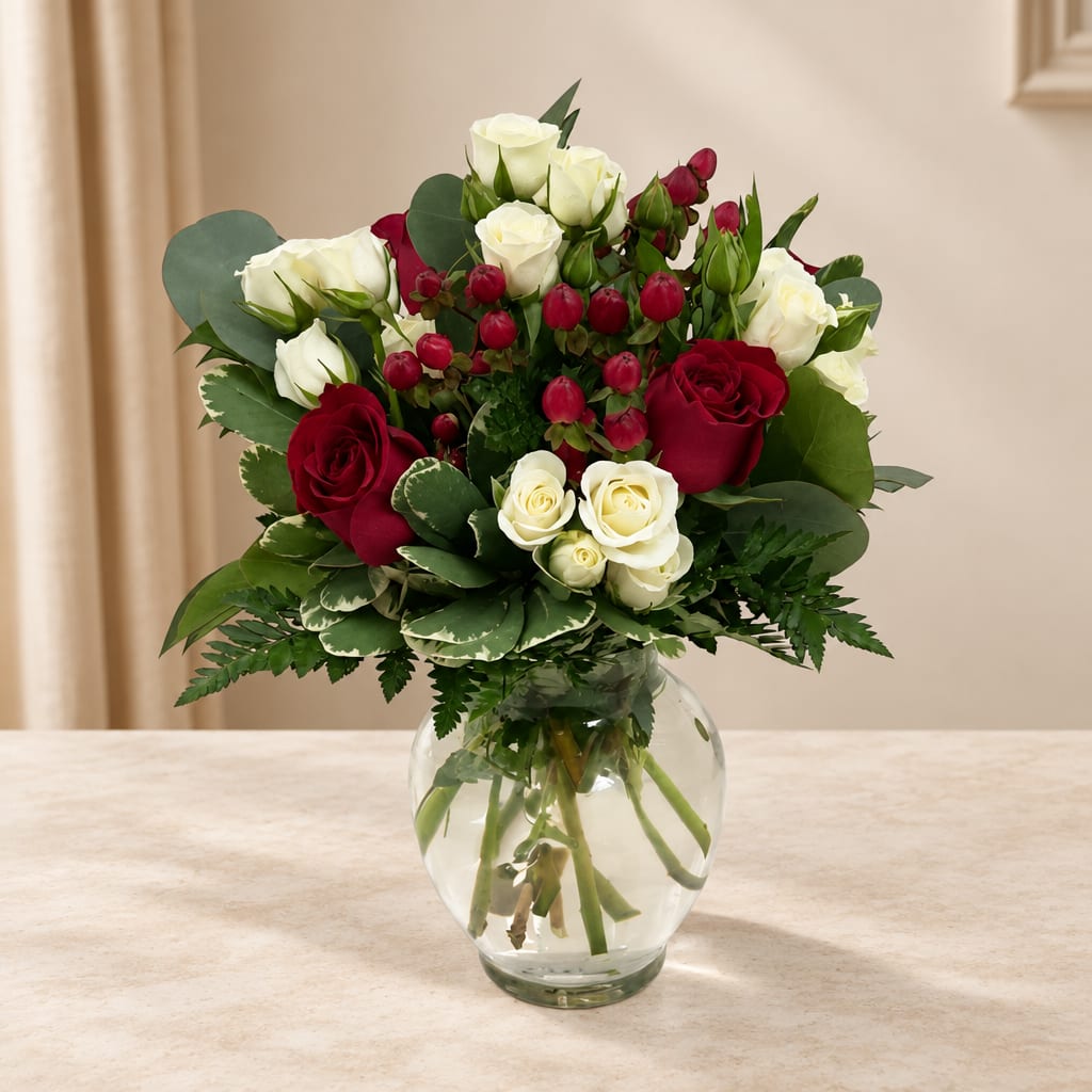 Bouquet of red and white roses in a clear glass vase