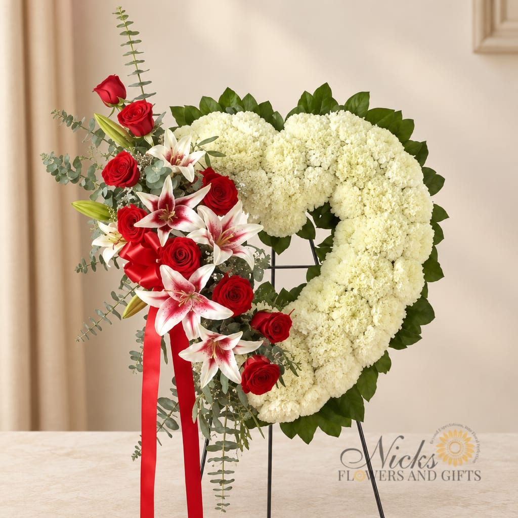 Heart-shaped floral arrangement with white blooms, red roses, and lilies on a stand