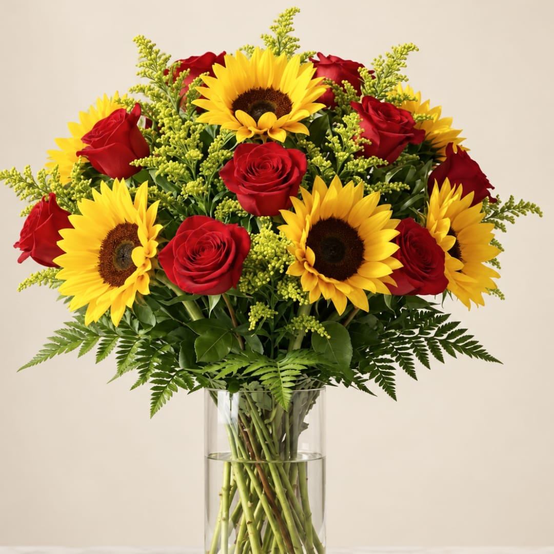 Bouquet of red roses and yellow sunflowers in a clear glass vase