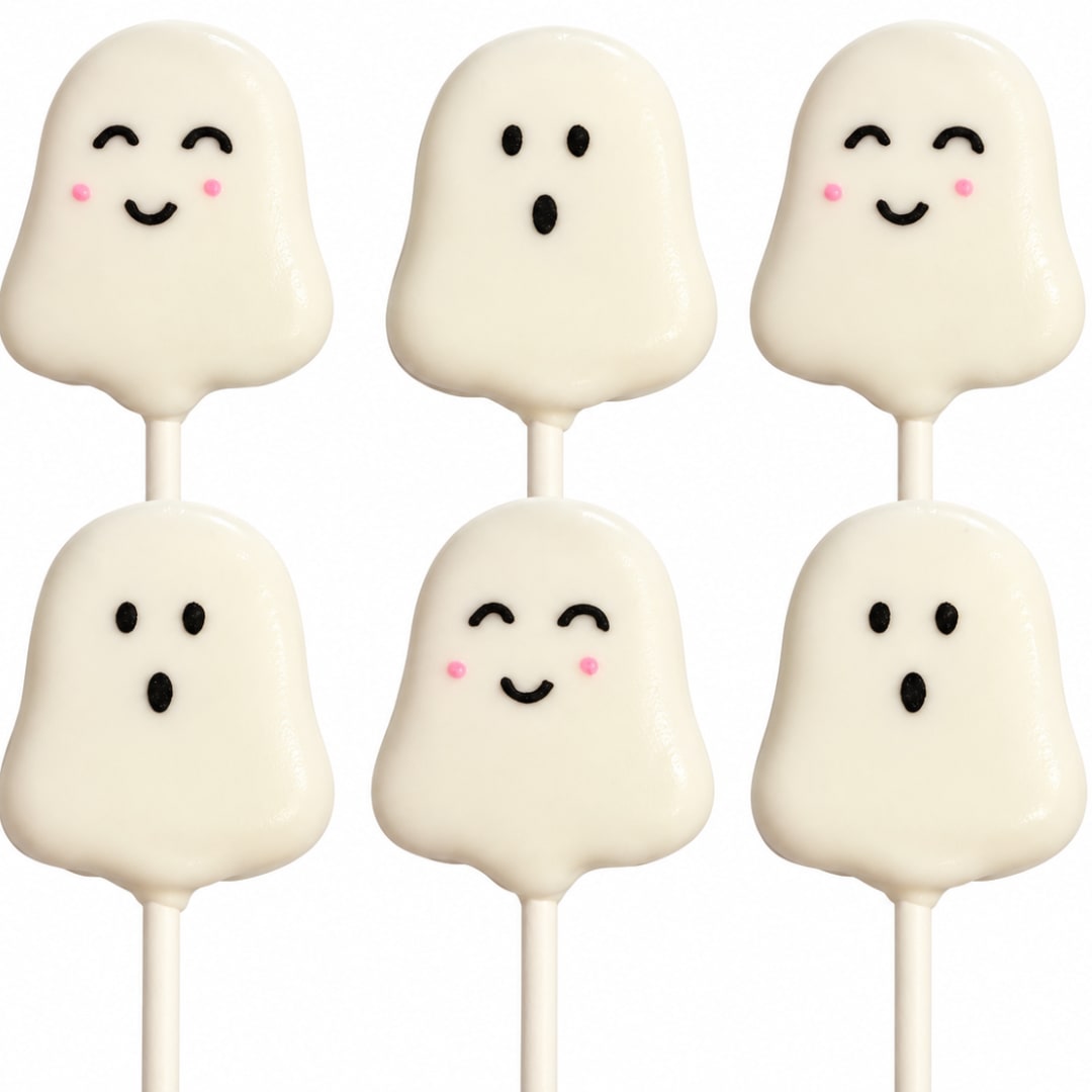 Six ghost-shaped white cake pops with smiling faces on sticks