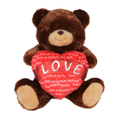 Brown teddy bear holding a red heart with the word LOVE