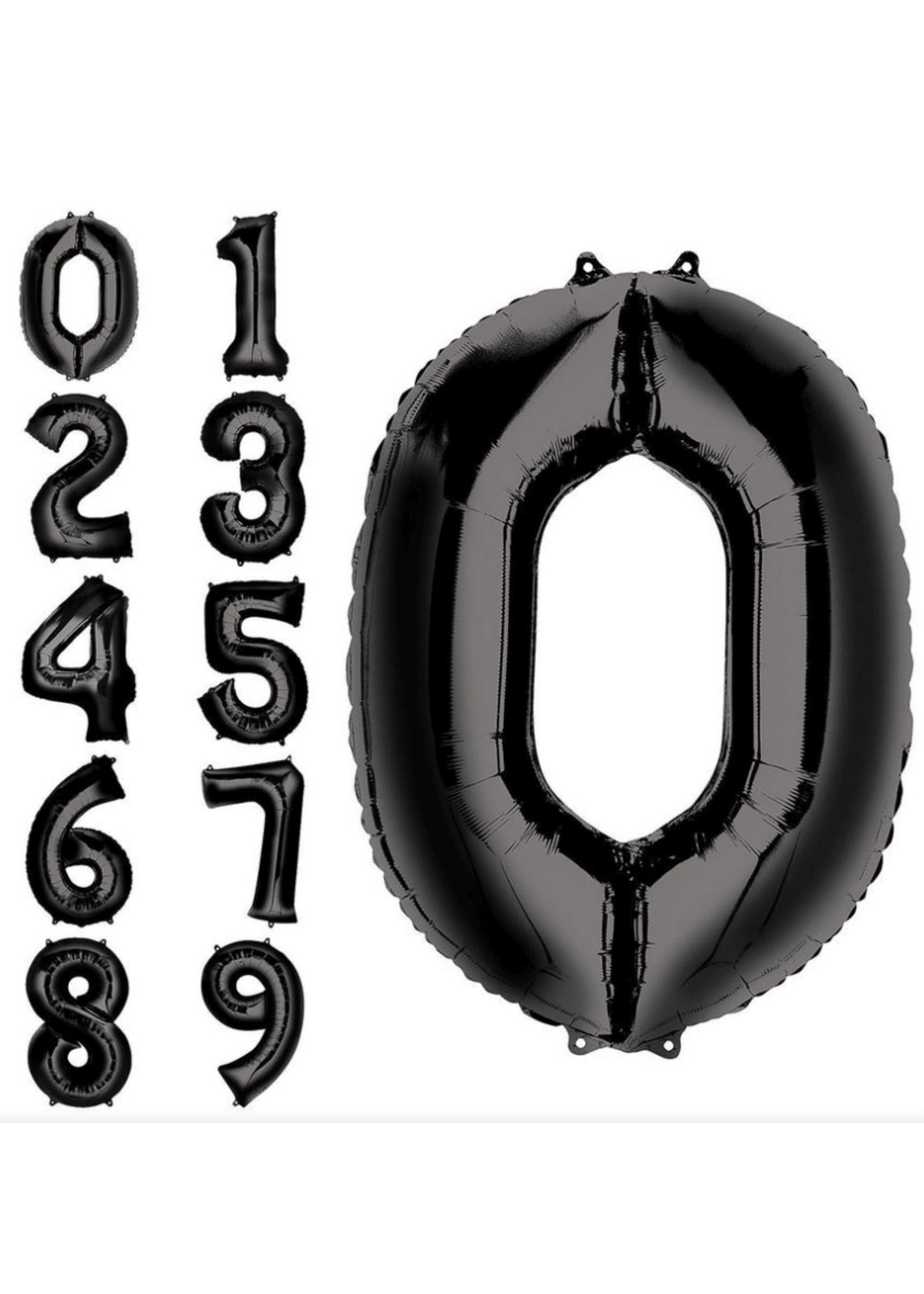 Black number-shaped foil balloons from 0 to 9, with a large 0 shown prominently