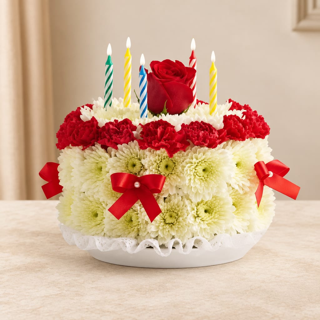 Round floral cake with red and white flowers, a rose, and striped candles