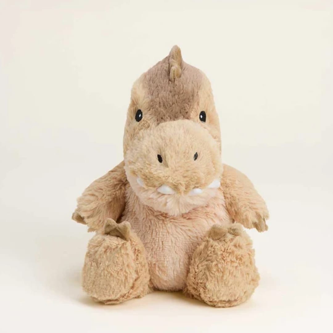 Plush dinosaur stuffed animal sitting on a plain light background