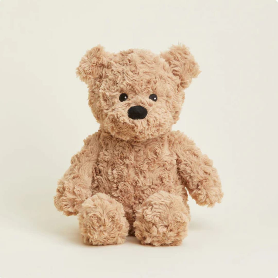 Plush teddy bear with curly tan fur sitting against a plain background