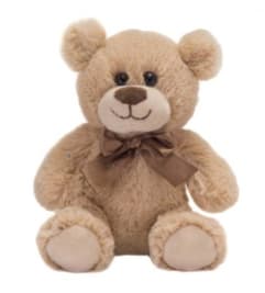 Plush teddy bear with a brown ribbon bow