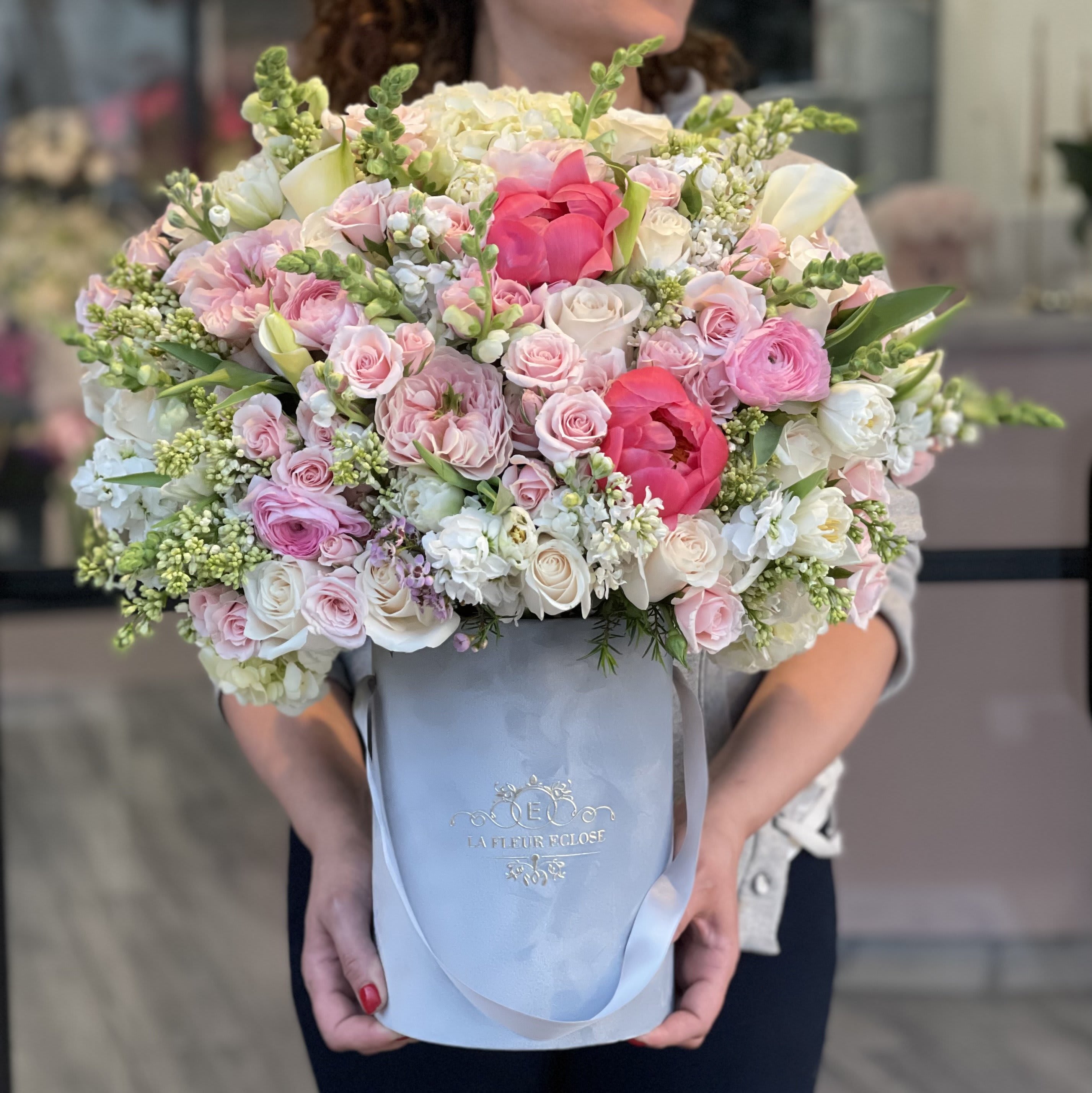 Peonies For You V - FRESH CUT FLOWERS Beautiful mixed flowers in our signature velvet box.  ALL SEASONAL FLOWERS WIL BE SUBSTITUTED WITH SIMILAR FLOWERS