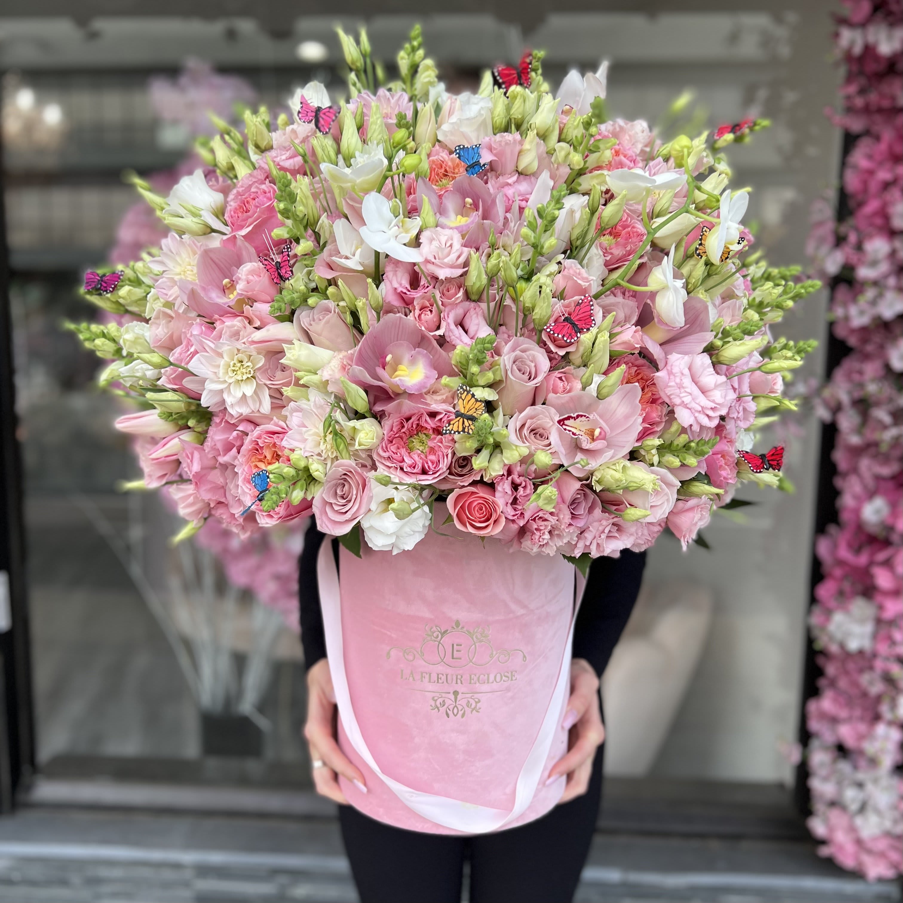 Safiya  - Beautiful mixed flowers in our signature pink velvet box. 