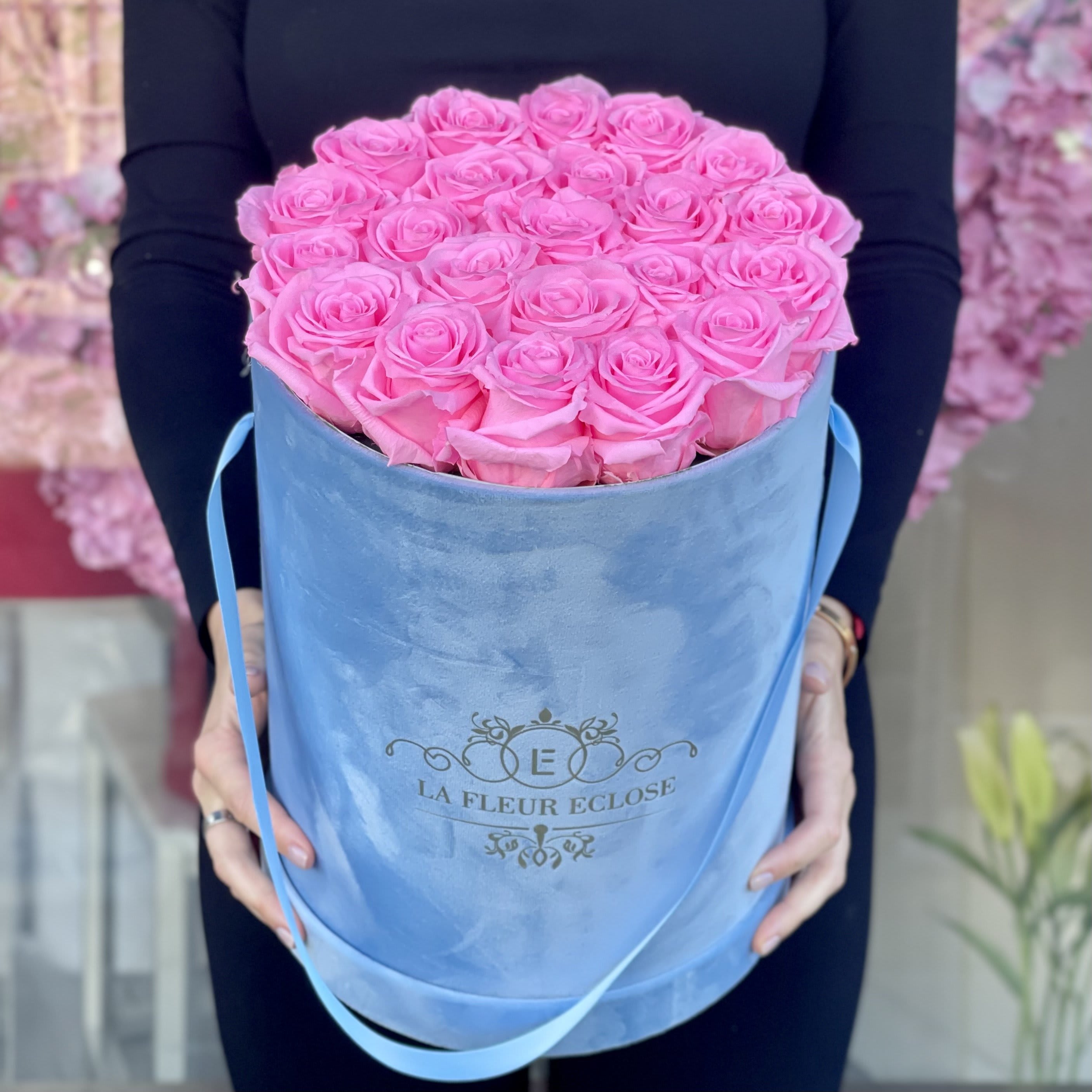 Beautiful Eternal  - PRESERVED RED ROSES Pink roses in a Light Blue velvet box. we will replace with light pink roes