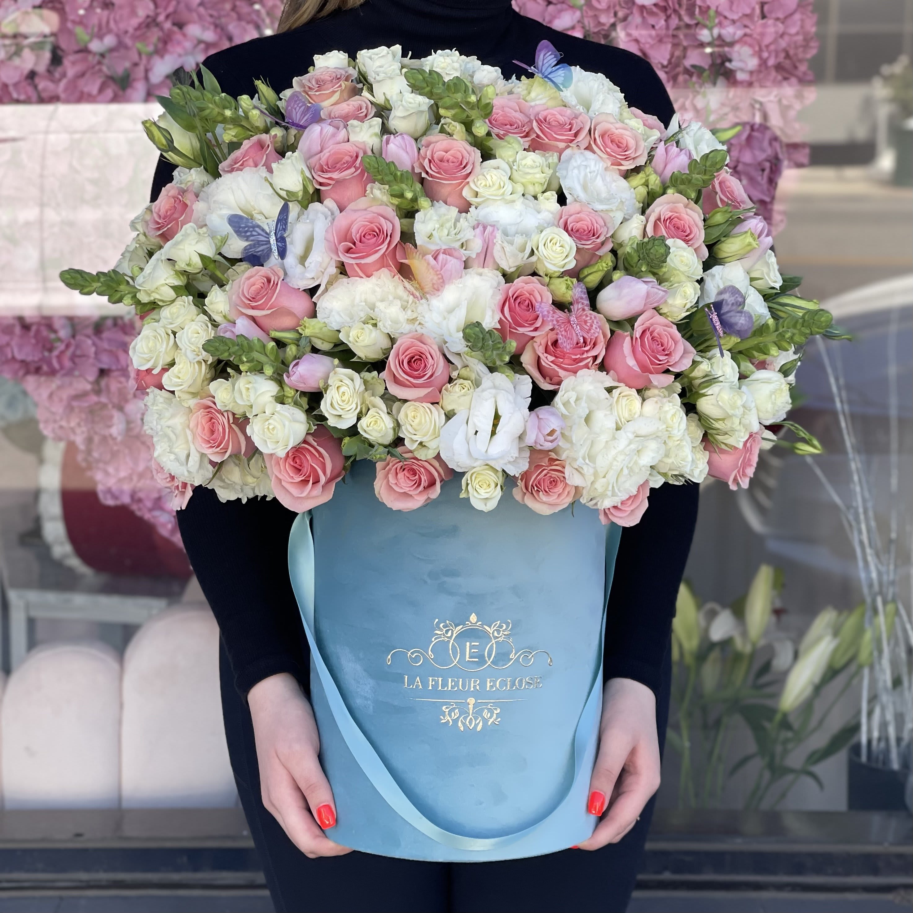 Butterfly Pinks Love MD - beautifully created in our turquoise box  FRESH CUT ROSES
