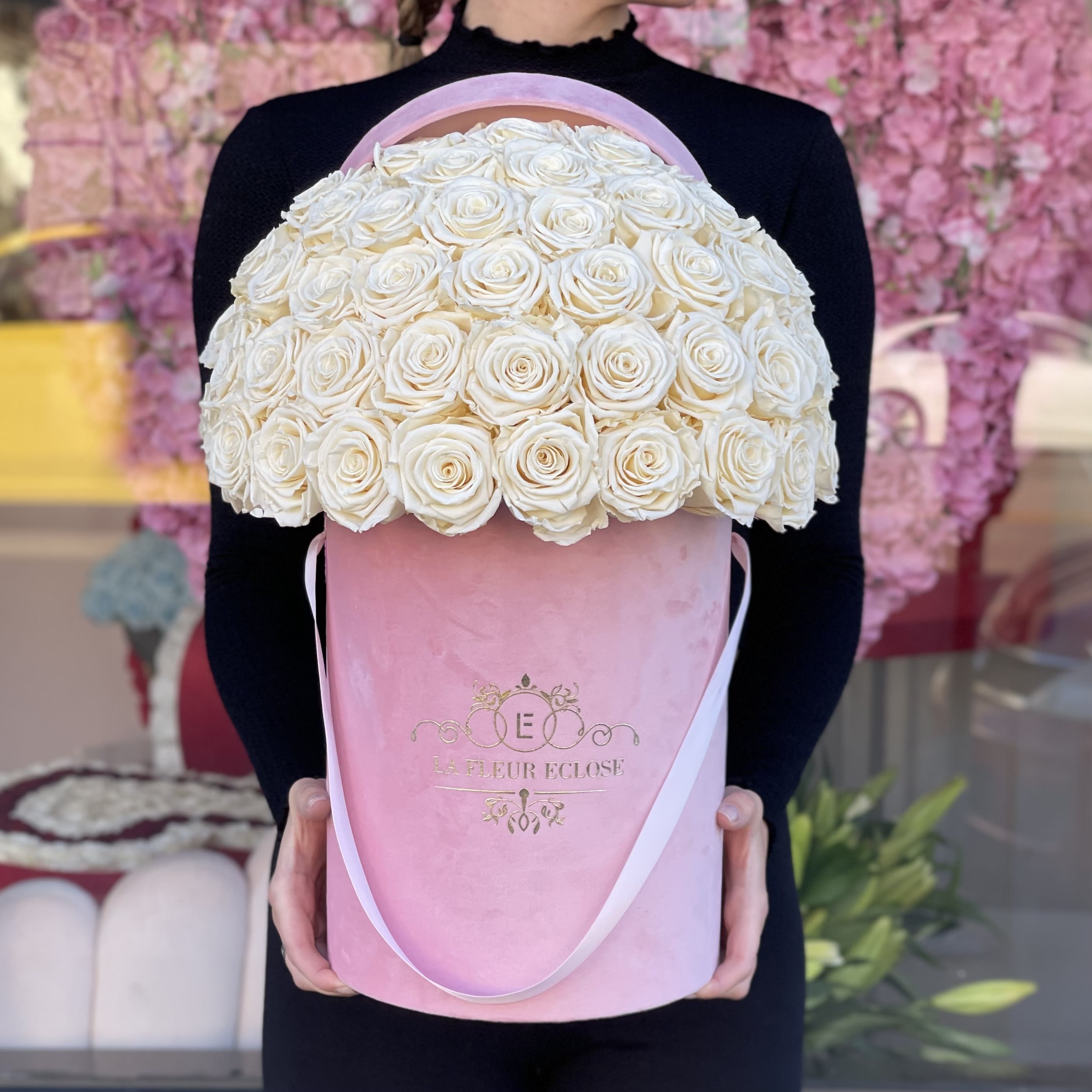Preserved Roses - This breathtaking velvet pink signature box consists of everlasting pink roses.  PRESERVED ROSES