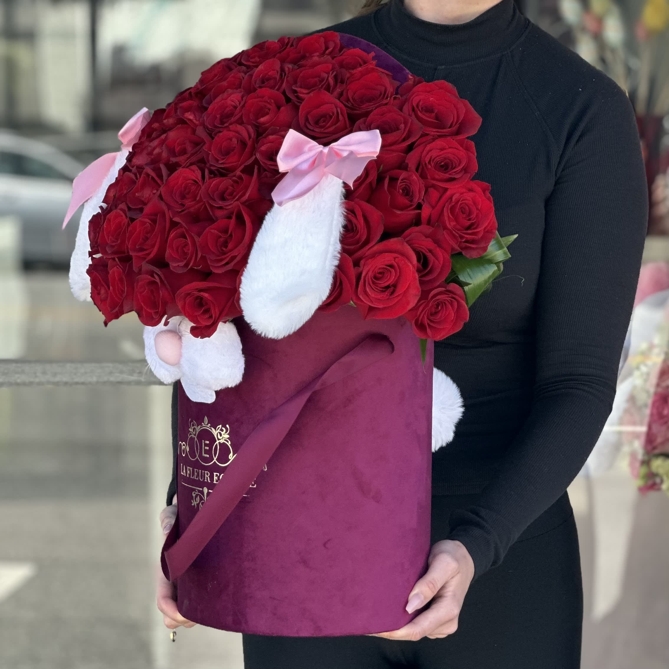 Curly Bunny - Standard-60 red roses Deluxe- 75 red roses